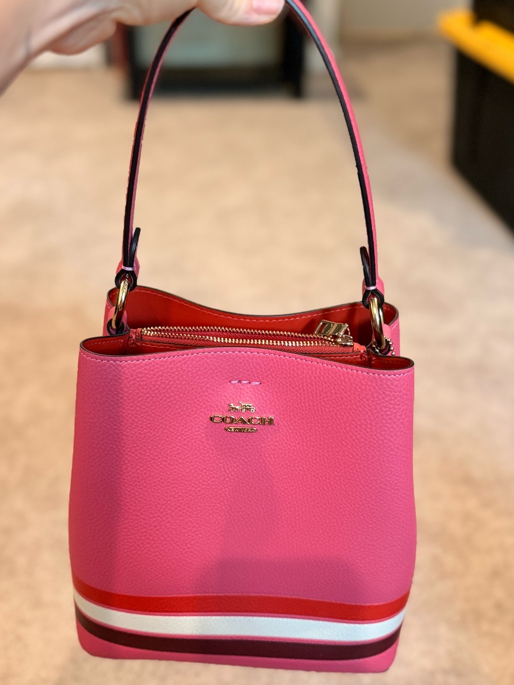 NWOT Coach Leather Small Town Bucket Bag in Pink Colorblock Stripes